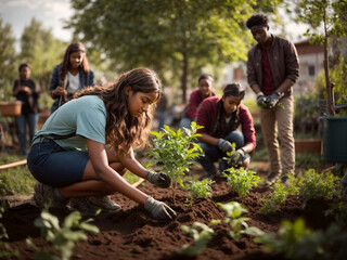 Naklejka na ściany i meble Multiracial, diverse group of young people planting fruit trees in community garden. Ecology activists, volunteers doing charity work. Environment activism and earth day concept.