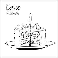Big Birthday cake decorated with whipped cream and burning candle lies on plate. hand drawn dessert in sketch style.