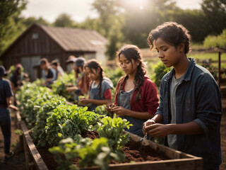 Multiracial, diverse group of young people working in a vegetable community garden. Ecology activists, volunteers doing charity work. Environment activism and earth day concept.