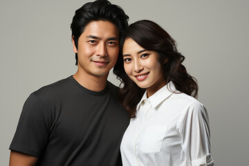 Portrait of young Asian couple in casual clothes on a light gray background