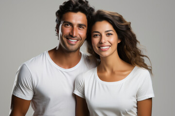 Fototapeta premium Portrait of young Indian couple in casual clothes on a light gray background
