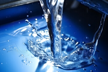 A close-up of water splashing on a blue surface, creating a dynamic and visually appealing image