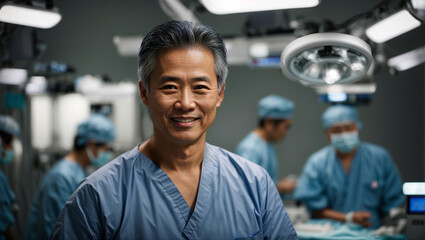 Dottore di origini giapponesi di mezza età in ospedale in sala operatoria con camice