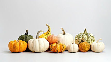 A group of pumpkins on a white background or wallpaper