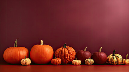 A group of pumpkins on a maroon background or wallpaper