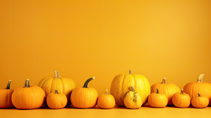 A group of pumpkins on a yellow background or wallpaper