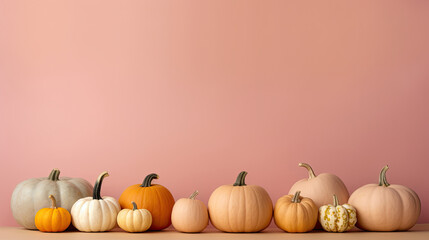 A group of pumpkins on a blush background or wallpaper