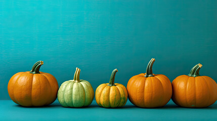 A group of pumpkins on a turquoise background or wallpaper