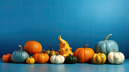 A group of pumpkins on a azure background or wallpaper