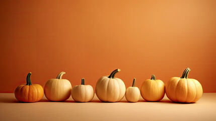 A group of pumpkins on a light brown background or wallpaper