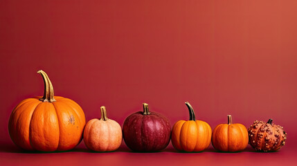 A group of pumpkins on a light maroon background or wallpaper