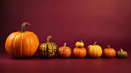 A group of pumpkins on a light maroon background or wallpaper