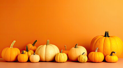 A group of pumpkins on a vivid orange background or wallpaper