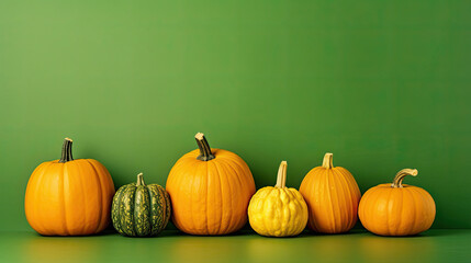 A group of pumpkins on a vivid green background or wallpaper