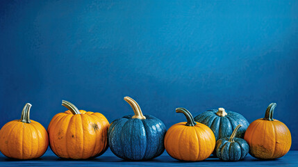 A group of pumpkins on a vivid blue background or wallpaper