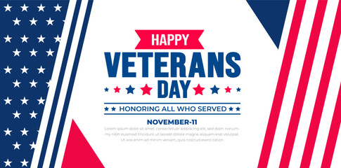 happy Veterans Day background design template with american flag. Honoring all who served. background, banner, placard, card, and poster design template. Vector illustration. - obrazy, fototapety, plakaty