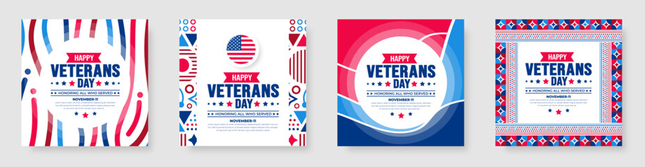 happy Veterans Day social media post banner design template set with american flag. Honoring all who served. background, banner, placard, card, and poster design template. Vector illustration.