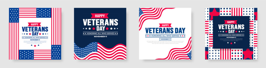 happy Veterans Day social media post banner design template set with american flag. Honoring all who served. background, banner, placard, card, and poster design template. Vector illustration. - obrazy, fototapety, plakaty