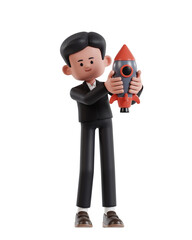 3d Illustration of Cartoon businessman holding rocket for business start up