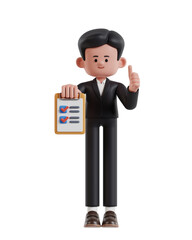 3d Illustration of Cartoon businessman holding clipboard completing task with checklist