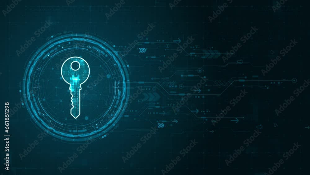 Poster motion graphic of blue digital security key logo and circle futuristic hud elements with flowing arr