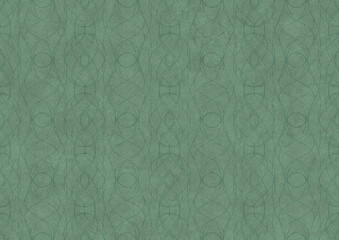 Hand-drawn unique abstract symmetrical seamless ornament. Dark semi transparent green on a light cold green background color. Paper texture. A4. (pattern: p10-1c)