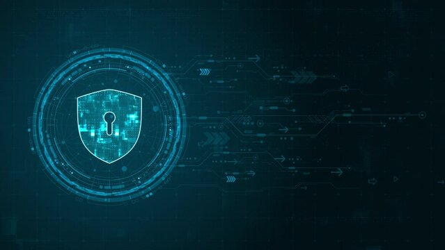 Motion graphic of Blue digital security shield logo and circle futuristic HUD elements with flowing arrows with network firewall technology and data secure concepts on abstract background
