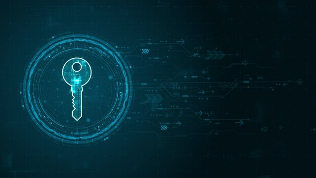 Motion graphic of Blue digital security key logo and circle futuristic HUD elements with flowing arrows with network firewall technology and data secure concepts on abstract background