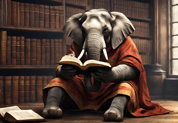 Elephant with Reading Glasses, 
Elephant Education Concept, 
Elephant Studying Literature - obrazy, fototapety, plakaty