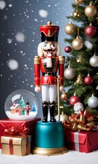 Photo Of Christmas Nutcracker Standing Next To A Snow Globe And A Pile Of Gifts