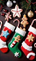Photo Of Christmas Stockings Filled With Star-Shaped Cookies, Baubles, And Candy Canes
