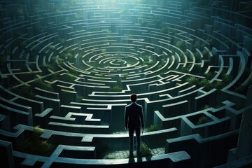 businessman standing in middle of giant maze concept of business problem solving