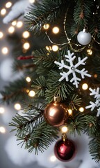 Obraz premium Photo Of Christmas Pine Tree Branches Draped With Jingle Bells, Fairy Lights, And Snowflakes