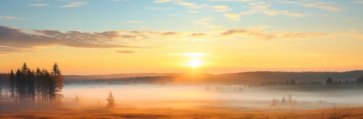 Obraz premium sunrise fog meadow serene panorama