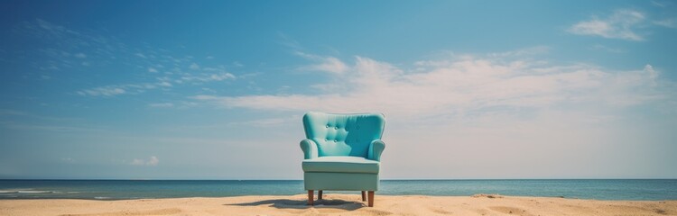 blue armchair on a beach panorama