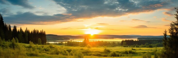 Naklejka na ściany i meble sunset over the lake countryside panorama