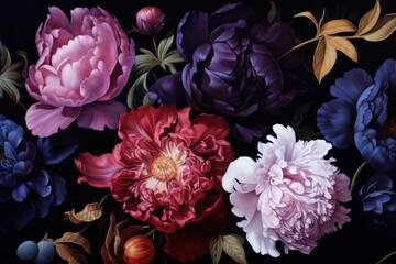 timeless  classic bouquet of peony flowers on black background