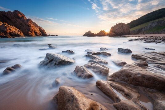 Beautiful sea views with relaxing and gentle rocks and waves. long exposure photography. generative ai