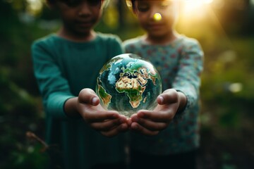 two children holding an earth globe in their hands concept of global awareness generative ai - obrazy, fototapety, plakaty
