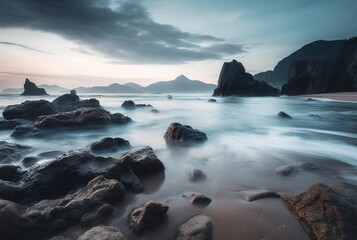 Obraz premium Beautiful sea views with relaxing and gentle rocks and waves. long exposure photography. generative ai