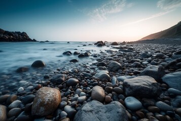 Fototapeta premium Beautiful sea views with relaxing and gentle rocks and waves. long exposure photography. generative ai