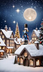 Fototapeta na wymiar Photo Of Christmas Snowy Village With A Nutcracker Statue And Mistletoe Decorations Against A Backdrop Of A Starry Sky