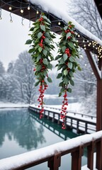 Photo Of Christmas Mistletoe Hanging From A Snowy Bridge Adorned With Fairy Lights, With A Backdrop Of A Serene Winter Lake