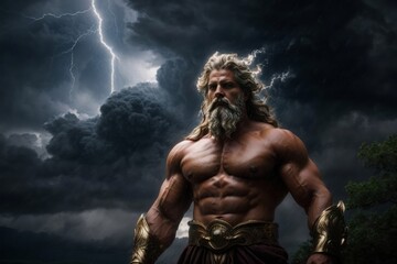 God Seus - god of thunder - king god - man with a sword - Strong, Muscular Individual Embracing Power and Strength in Stormy Sky - obrazy, fototapety, plakaty
