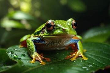 Fototapeta premium Macro Photography of a Frog = Ai generated - Green Tree Frog in Natural Environment