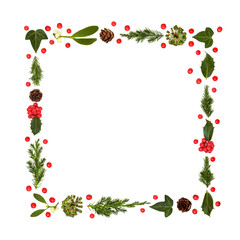 Christmas winter flora and holly berry background frame on white background. Traditional minimal flora  design element for greeting card, invitation, menu, gift tag, label.