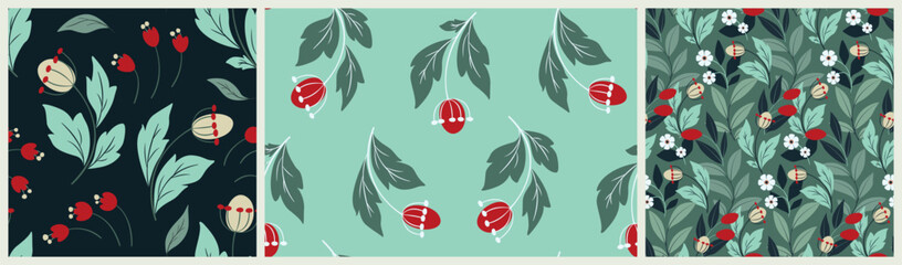 Seamless floral pattern, abstract ditsy print, ornament with wild plants in the collection. Botanical design in winter colors: small flowers, berries, leaves on a blue background. Vector illustration. © Yulya i Kot