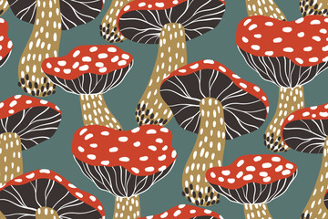 Seamless pattern, hand drawn print with retro natural motif. Sketch drawing abstract background with poisonous mushrooms: doodle amanita on gray. Graphic design with fly agarics. Vector illustration.