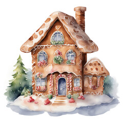 A Gingerbreadhouse Watercolor Illustration - St. Nicholas & Christmas Holiday Project Decoration - Cutout Transparent Background - Painted Art - Generative AI