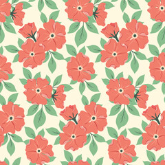 Seamless floral pattern, delicate ditsy print, simple ornament with large flowers. Romantic botanical design: hand drawn pink flowers buds, leaves, bouquets on a white background. Vector illustration.